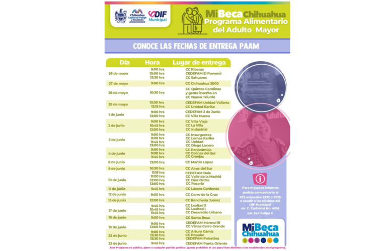 Anuncian calendario de entregas del Programa Alimentario para Adultos Mayores en Chihuahua