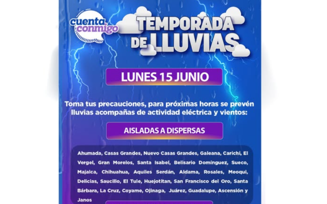 Prevén lluvias y actividad eléctrica en gran parte de Chihuahua este lunes